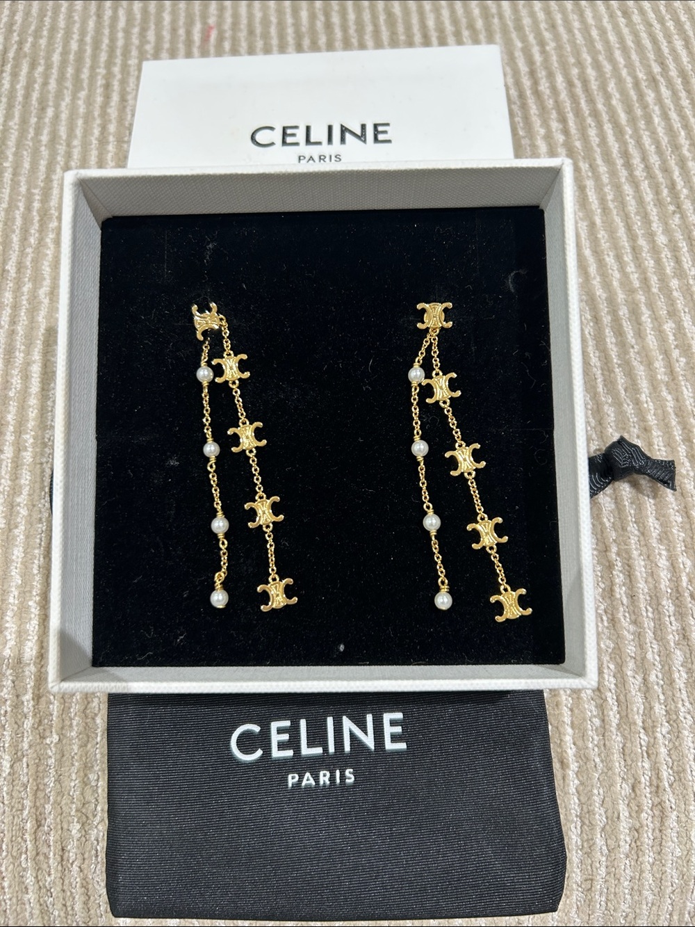 CELINE Gold and Pearl Triple-Drop Chain Earrings